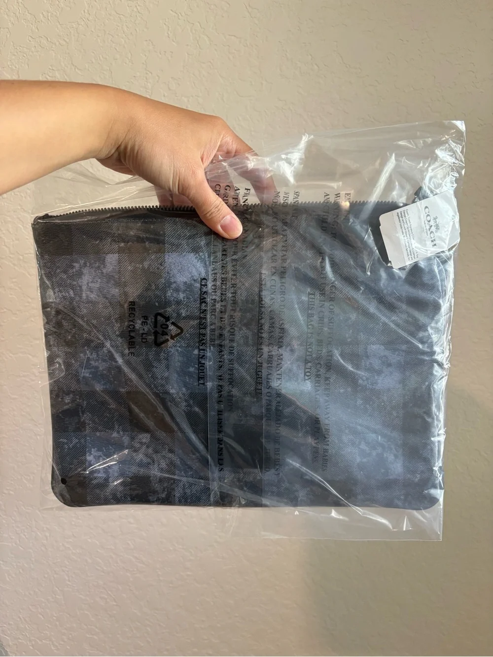 COACH Black and Gray Check Tablet Travel Pouch